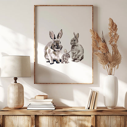 Bunny Family of 3 Woodland Animal Watercolor Art Print - Art Prints - Moon Rock Prints