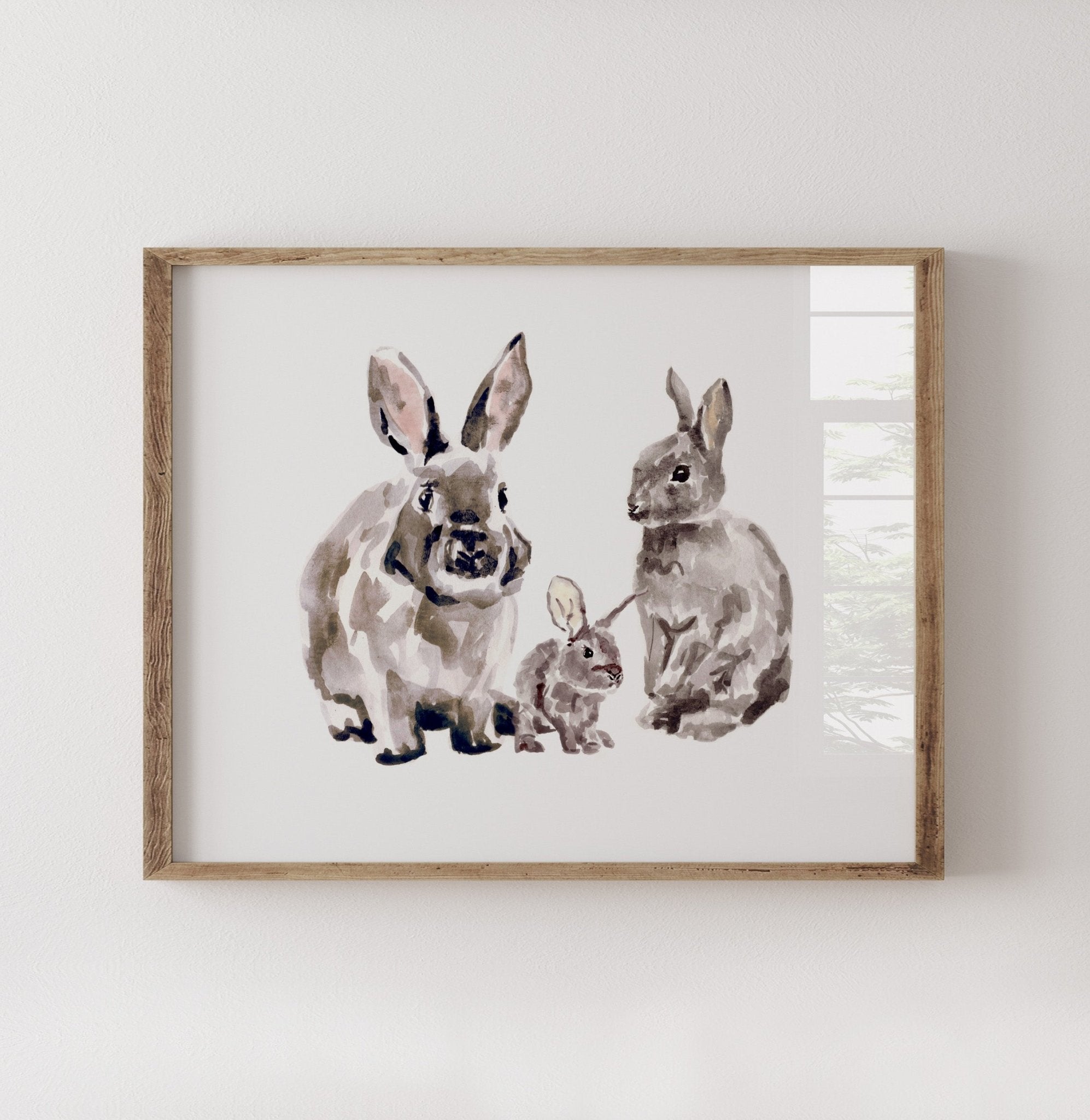 Bunny Family of 3 Woodland Animal Watercolor Art Print – Moon Rock Prints