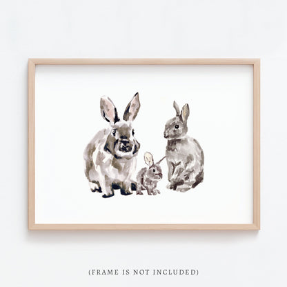 Bunny Family of 3 Woodland Animal Watercolor Art Print - Art Prints - Moon Rock Prints