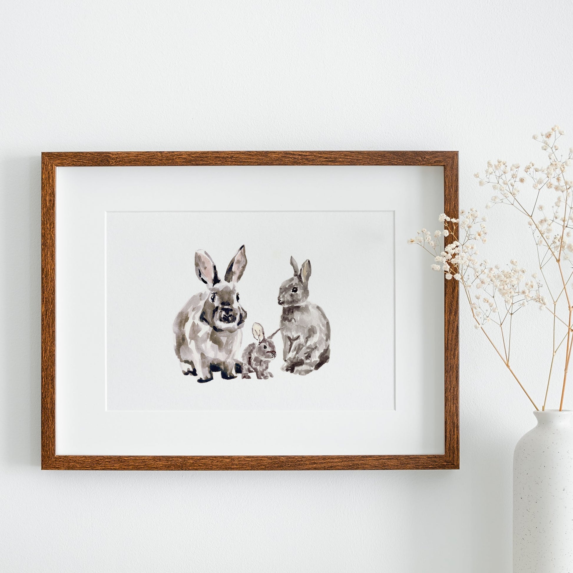 Bunny Family of 3 Woodland Animal Watercolor Art Print - Art Prints - Moon Rock Prints