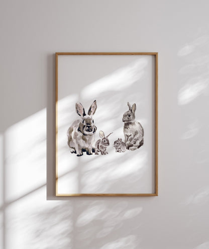 Bunny Family of 4 Woodland Animal Watercolor Art Print - Art Prints - Moon Rock Prints