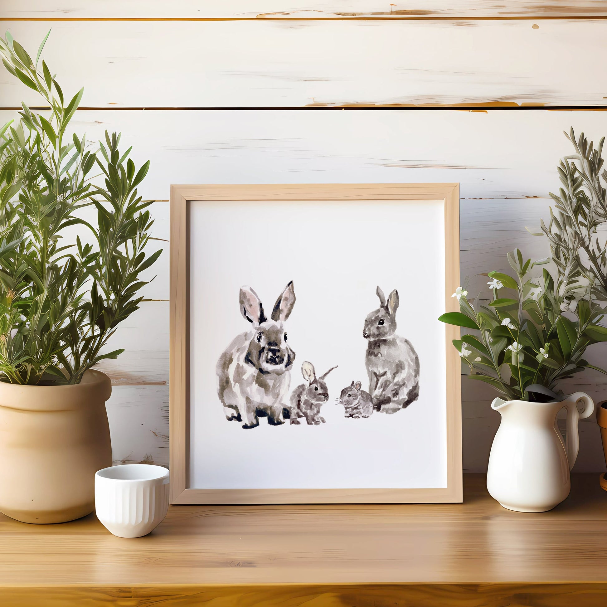 Bunny Family of 4 Woodland Animal Watercolor Art Print - Art Prints - Moon Rock Prints