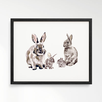 Bunny Family of 4 Woodland Animal Watercolor Art Print - Art Prints - Moon Rock Prints