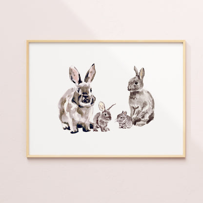 Bunny Family of 4 Woodland Animal Watercolor Art Print - Art Prints - Moon Rock Prints