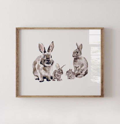 Bunny Family of 4 Woodland Animal Watercolor Art Print - Art Prints - Moon Rock Prints
