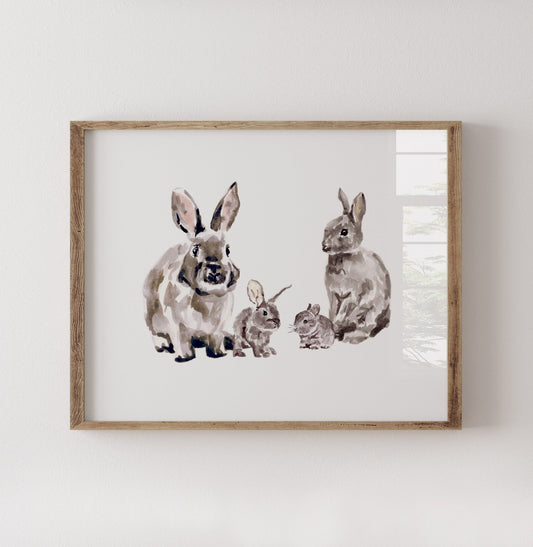 Bunny Family of 4 Woodland Animal Watercolor Art Print - Art Prints - Moon Rock Prints