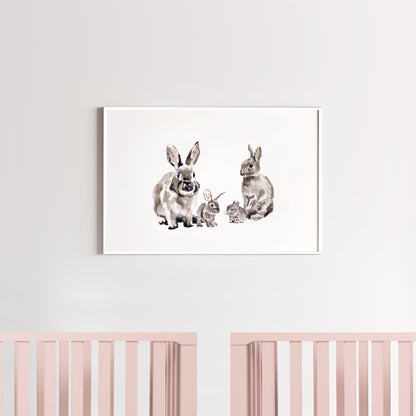 Bunny Family of 4 Woodland Animal Watercolor Art Print - Art Prints - Moon Rock Prints