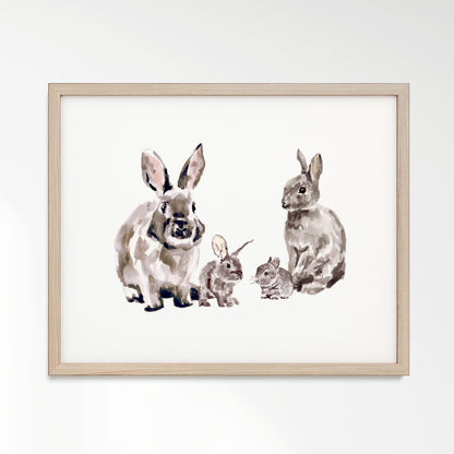 Bunny Family of 4 Woodland Animal Watercolor Art Print - Art Prints - Moon Rock Prints