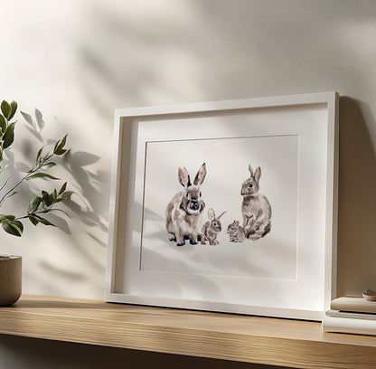 Bunny Family of 4 Woodland Animal Watercolor Art Print - Art Prints - Moon Rock Prints