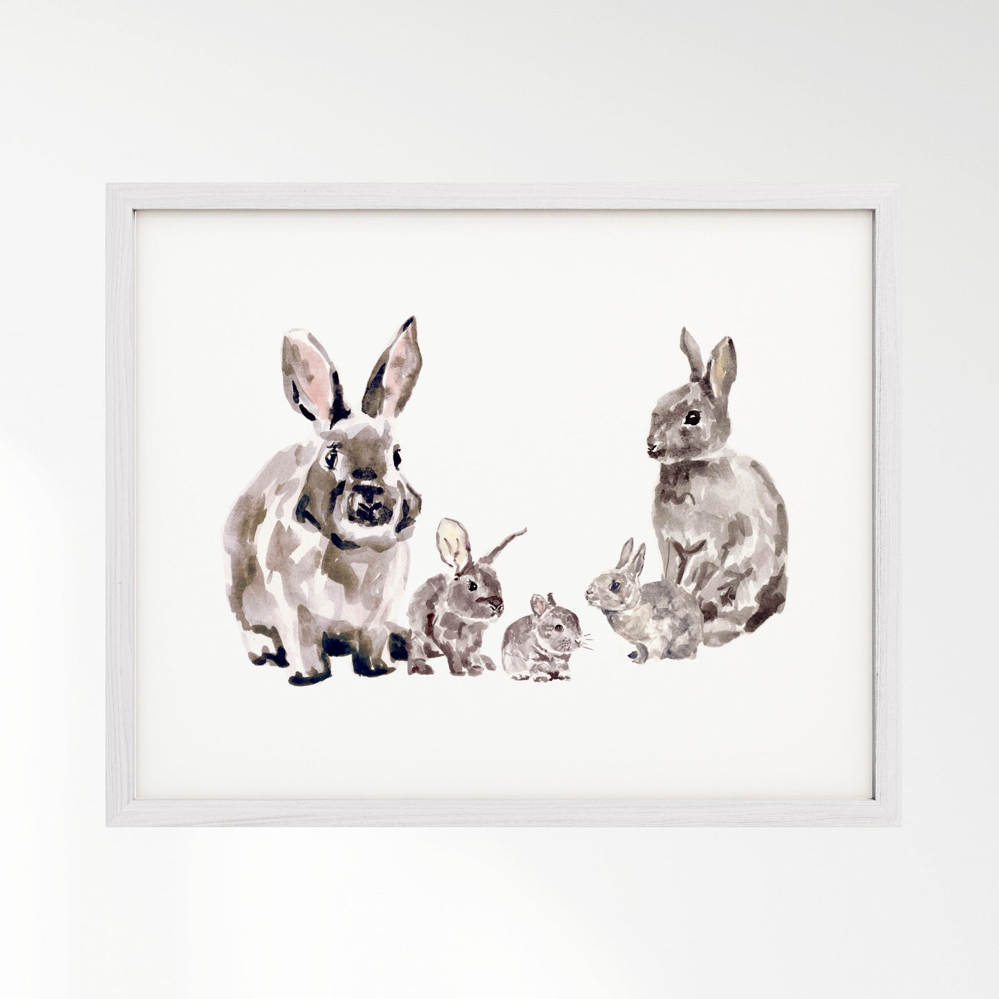Bunny Family of 5 Woodland Animal Watercolor Art Print - Art Prints - Moon Rock Prints