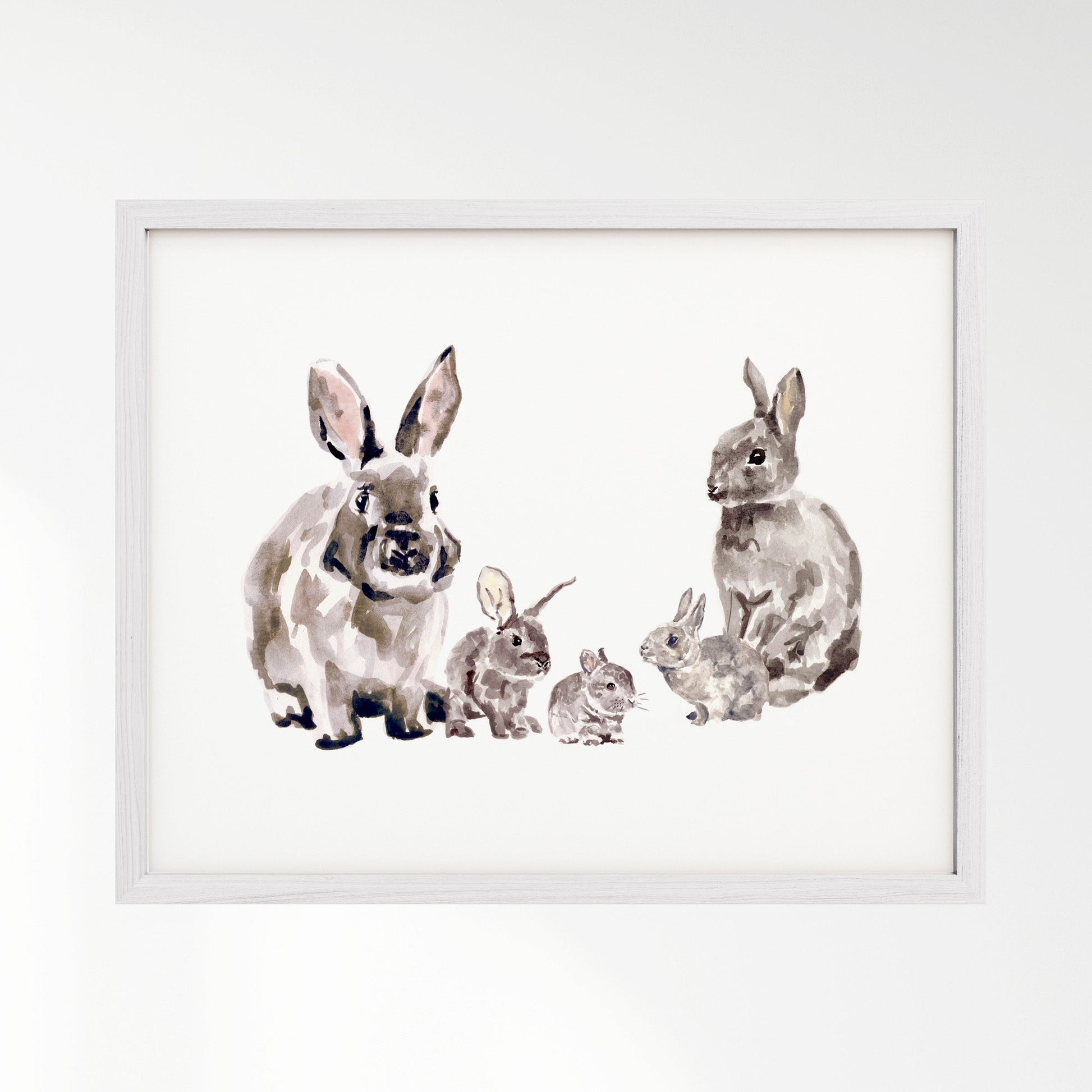 Bunny Family of 5 Woodland Animal Watercolor Art Print - Art Prints - Moon Rock Prints