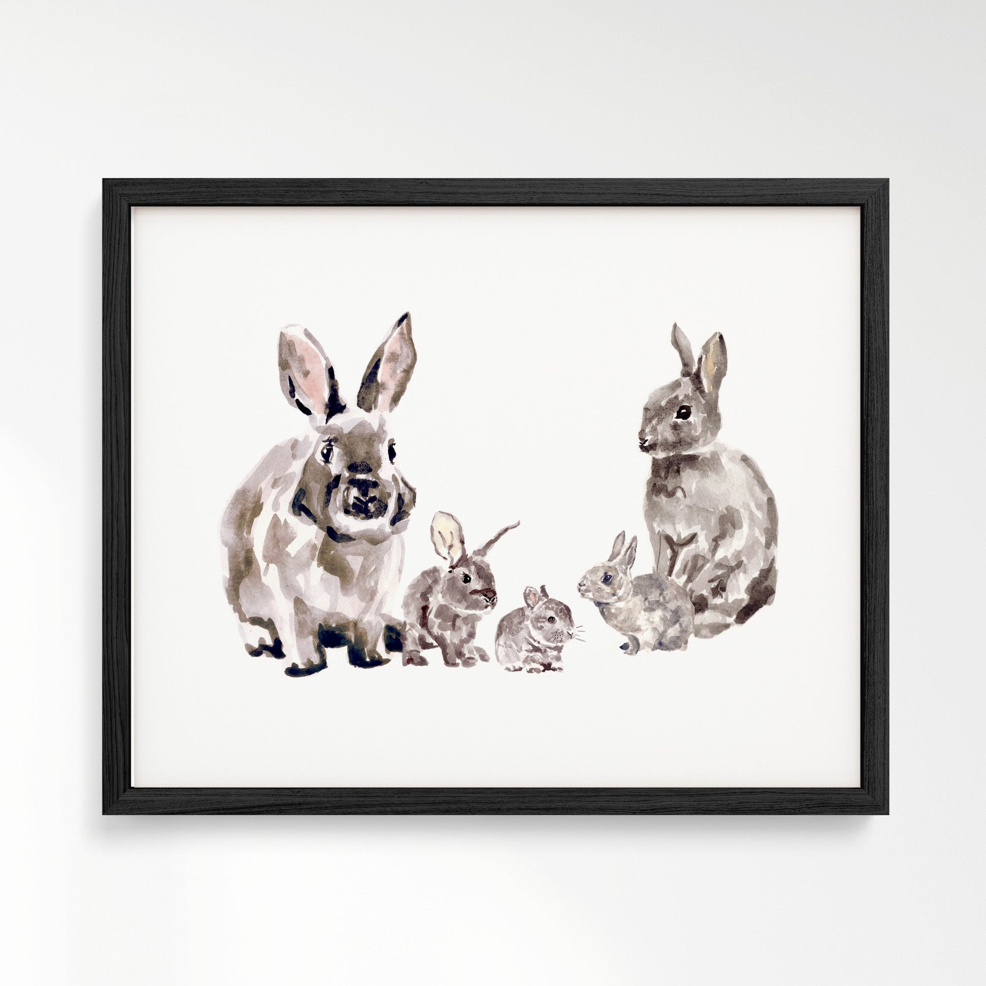 Bunny Family of 5 Woodland Animal Watercolor Art Print - Art Prints - Moon Rock Prints