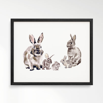 Bunny Family of 5 Woodland Animal Watercolor Art Print - Art Prints - Moon Rock Prints