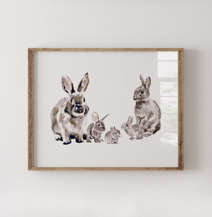 Bunny Family of 5 Woodland Animal Watercolor Art Print - Art Prints - Moon Rock Prints