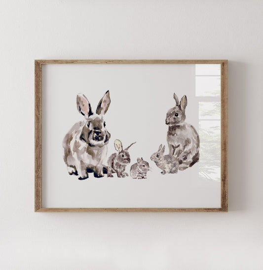Bunny Family of 5 Woodland Animal Watercolor Art Print - Art Prints - Moon Rock Prints