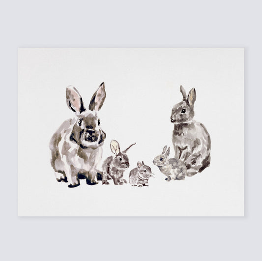 Bunny Family of 5 Woodland Animal Watercolor Art Print - Art Prints - Moon Rock Prints