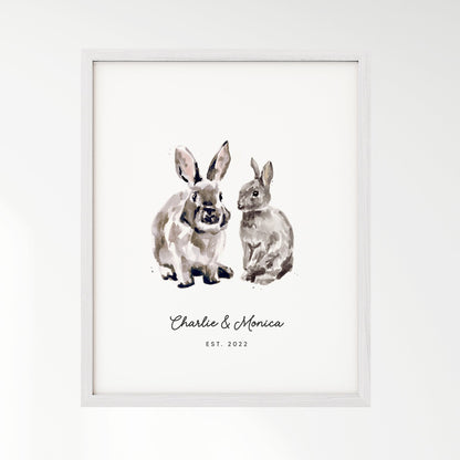 Bunny Rabbit Couple Personalized Watercolor Art Print - Art Prints - Moon Rock Prints