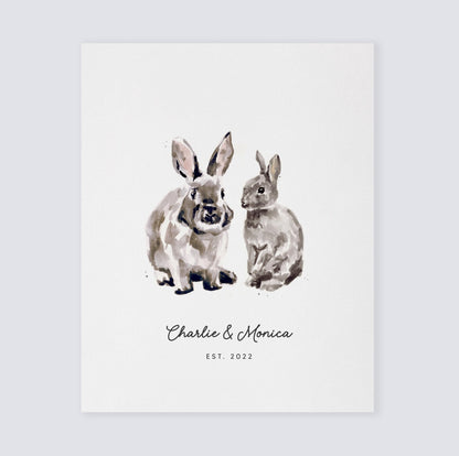 Bunny Rabbit Couple Personalized Watercolor Art Print - Art Prints - Moon Rock Prints