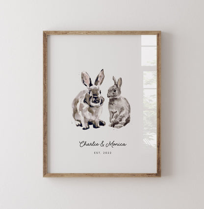 Bunny Rabbit Couple Personalized Watercolor Art Print - Art Prints - Moon Rock Prints