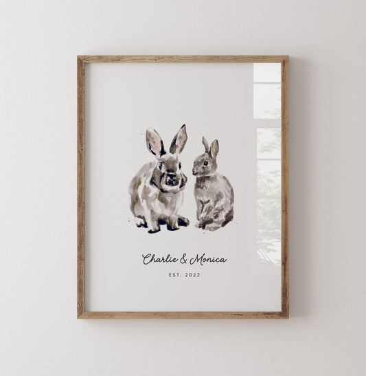 Bunny Rabbit Couple Personalized Watercolor Art Print - Art Prints - Moon Rock Prints