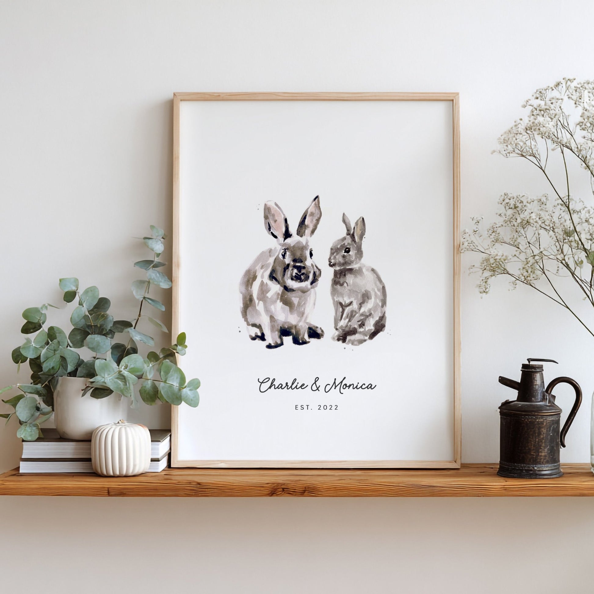 Bunny Rabbit Couple Personalized Watercolor Art Print - Art Prints - Moon Rock Prints