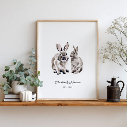 Bunny Rabbit Couple Personalized Watercolor Art Print - Art Prints - Moon Rock Prints
