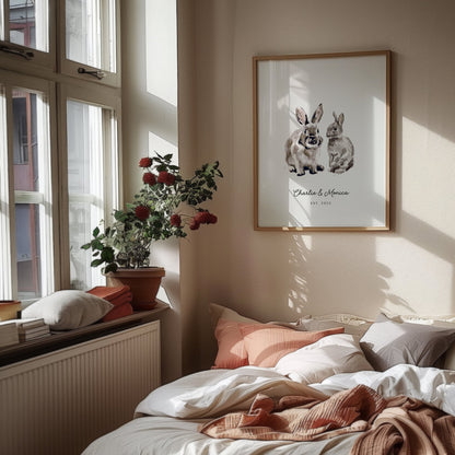 Bunny Rabbit Couple Personalized Watercolor Art Print - Art Prints - Moon Rock Prints