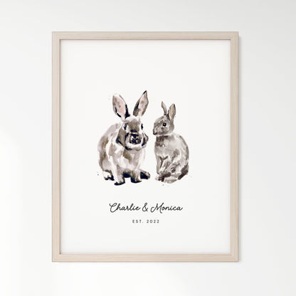 Bunny Rabbit Couple Personalized Watercolor Art Print - Art Prints - Moon Rock Prints