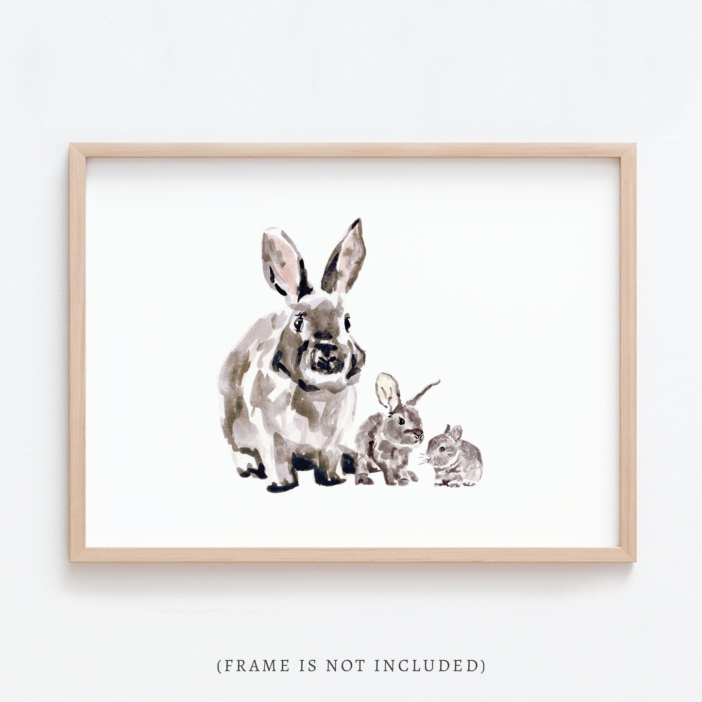 Bunny with Two Baby Bunnies Woodland Animal Watercolor Art Print - Art Prints - Moon Rock Prints