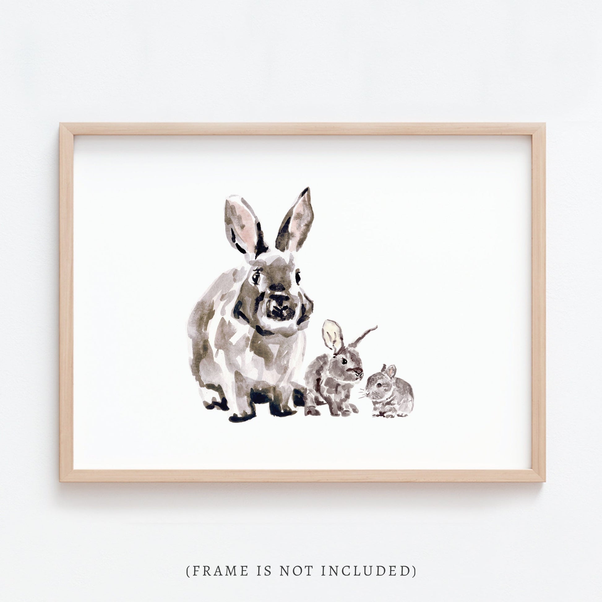 Bunny with Two Baby Bunnies Woodland Animal Watercolor Art Print - Art Prints - Moon Rock Prints