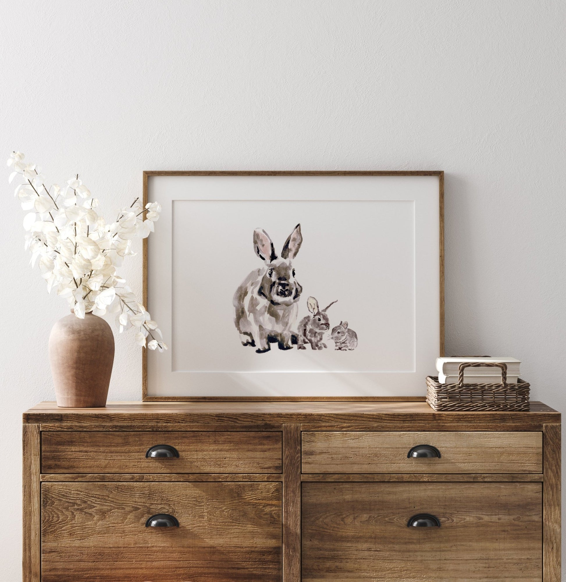 Bunny with Two Baby Bunnies Woodland Animal Watercolor Art Print - Art Prints - Moon Rock Prints