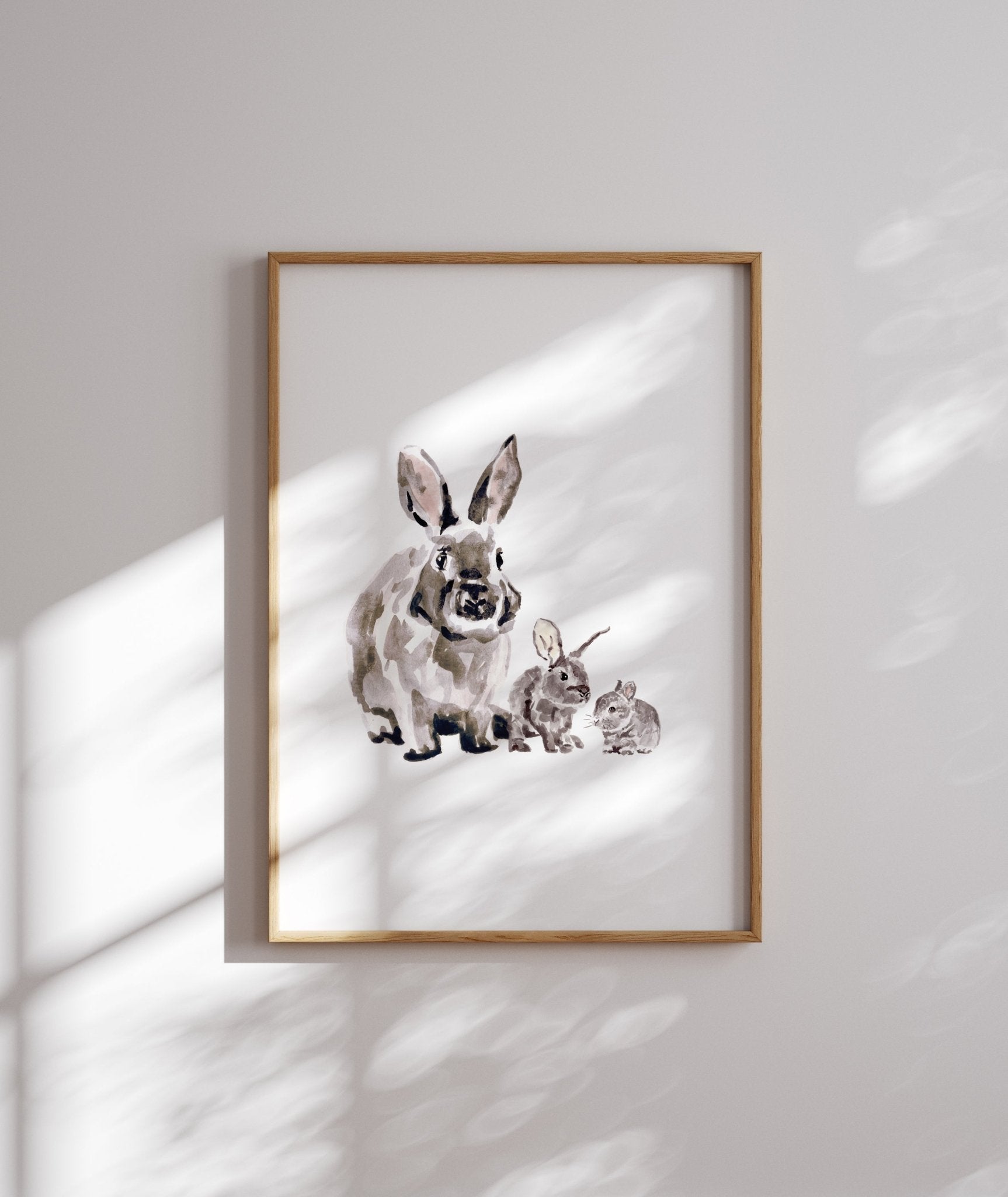 Bunny with Two Baby Bunnies Woodland Animal Watercolor Art Print - Art Prints - Moon Rock Prints