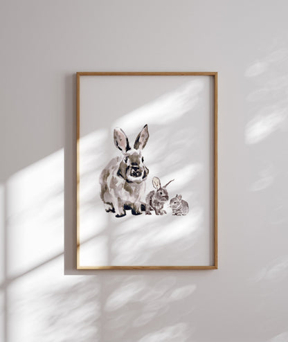 Bunny with Two Baby Bunnies Woodland Animal Watercolor Art Print - Art Prints - Moon Rock Prints