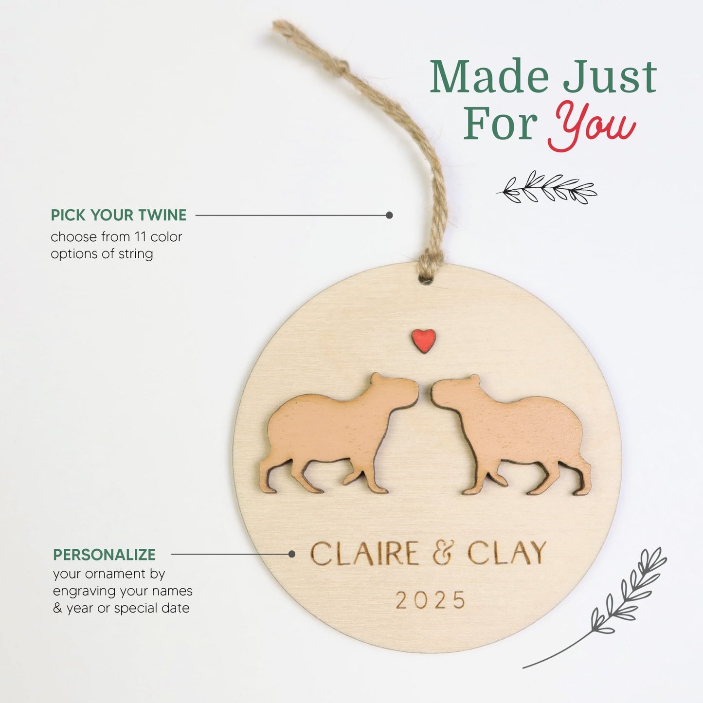 Capybara Couple Personalized Ornament - Holiday Ornaments - Moon Rock Prints