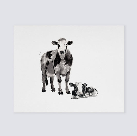 Cow and Baby Cow Farm Animal Watercolor Art Print - Art Prints - Moon Rock Prints