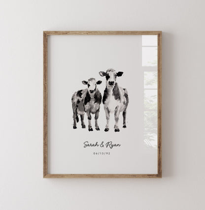 Cow Couple Personalized Watercolor Art Print - Art Prints - Moon Rock Prints