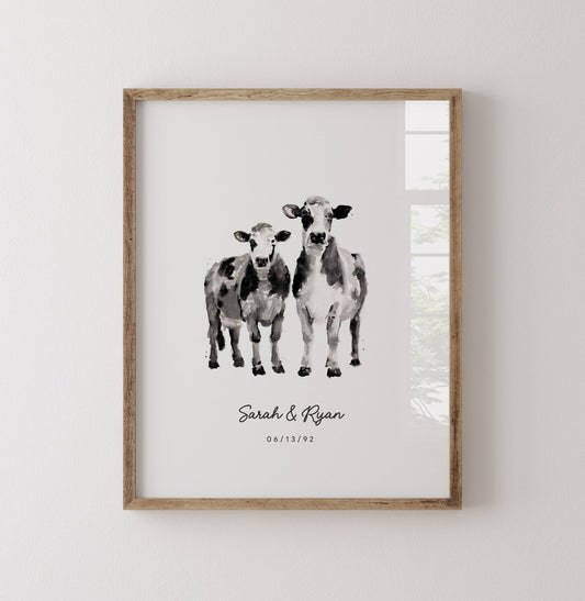 Cow Couple Personalized Watercolor Art Print - Art Prints - Moon Rock Prints