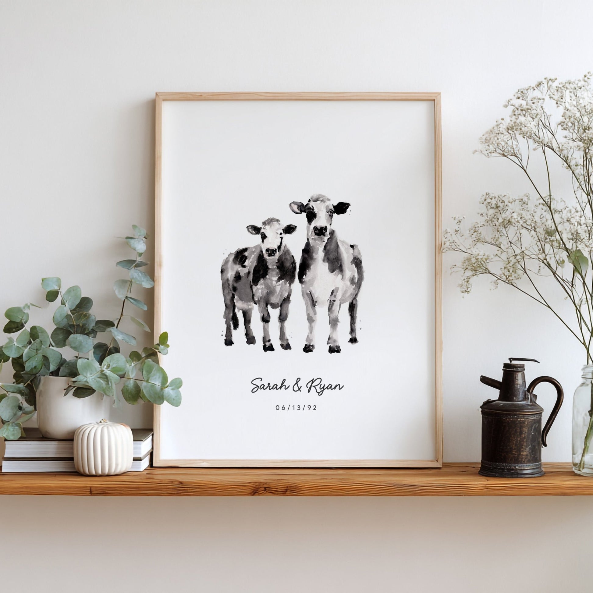 Cow Couple Personalized Watercolor Art Print - Art Prints - Moon Rock Prints