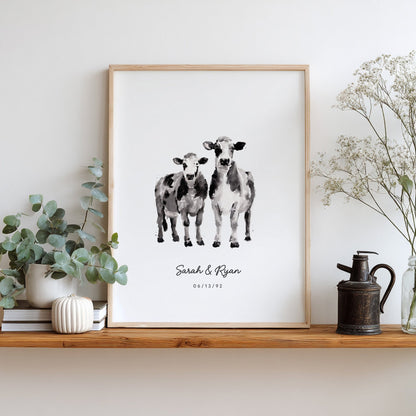 Cow Couple Personalized Watercolor Art Print - Art Prints - Moon Rock Prints