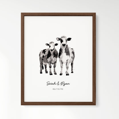 Cow Couple Personalized Watercolor Art Print - Art Prints - Moon Rock Prints