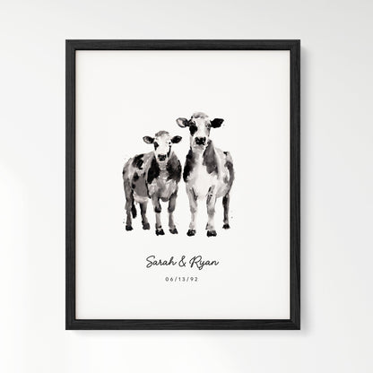 Cow Couple Personalized Watercolor Art Print - Art Prints - Moon Rock Prints