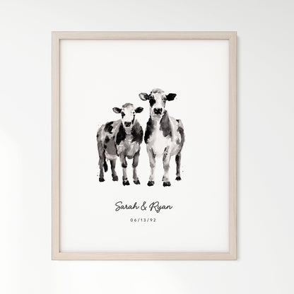Cow Couple Personalized Watercolor Art Print - Art Prints - Moon Rock Prints