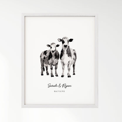 Cow Couple Personalized Watercolor Art Print - Art Prints - Moon Rock Prints