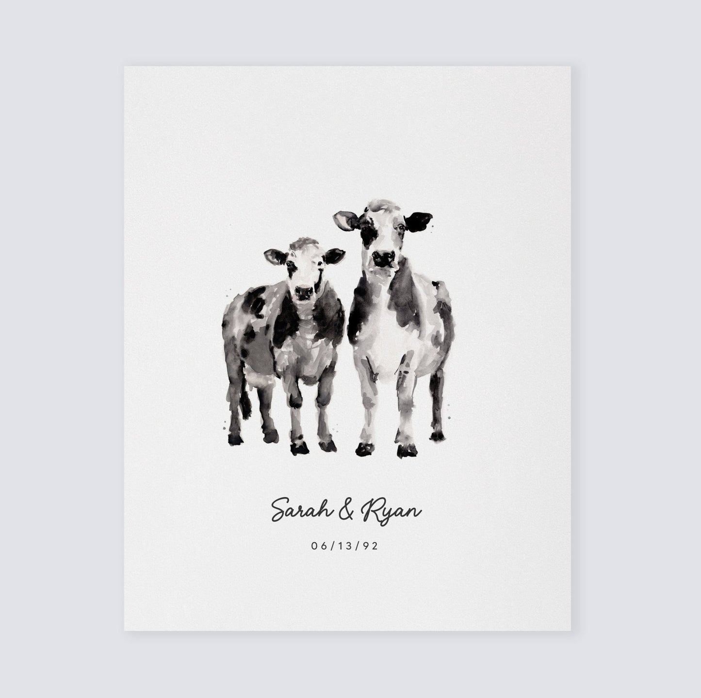 Cow Couple Personalized Watercolor Art Print - Art Prints - Moon Rock Prints