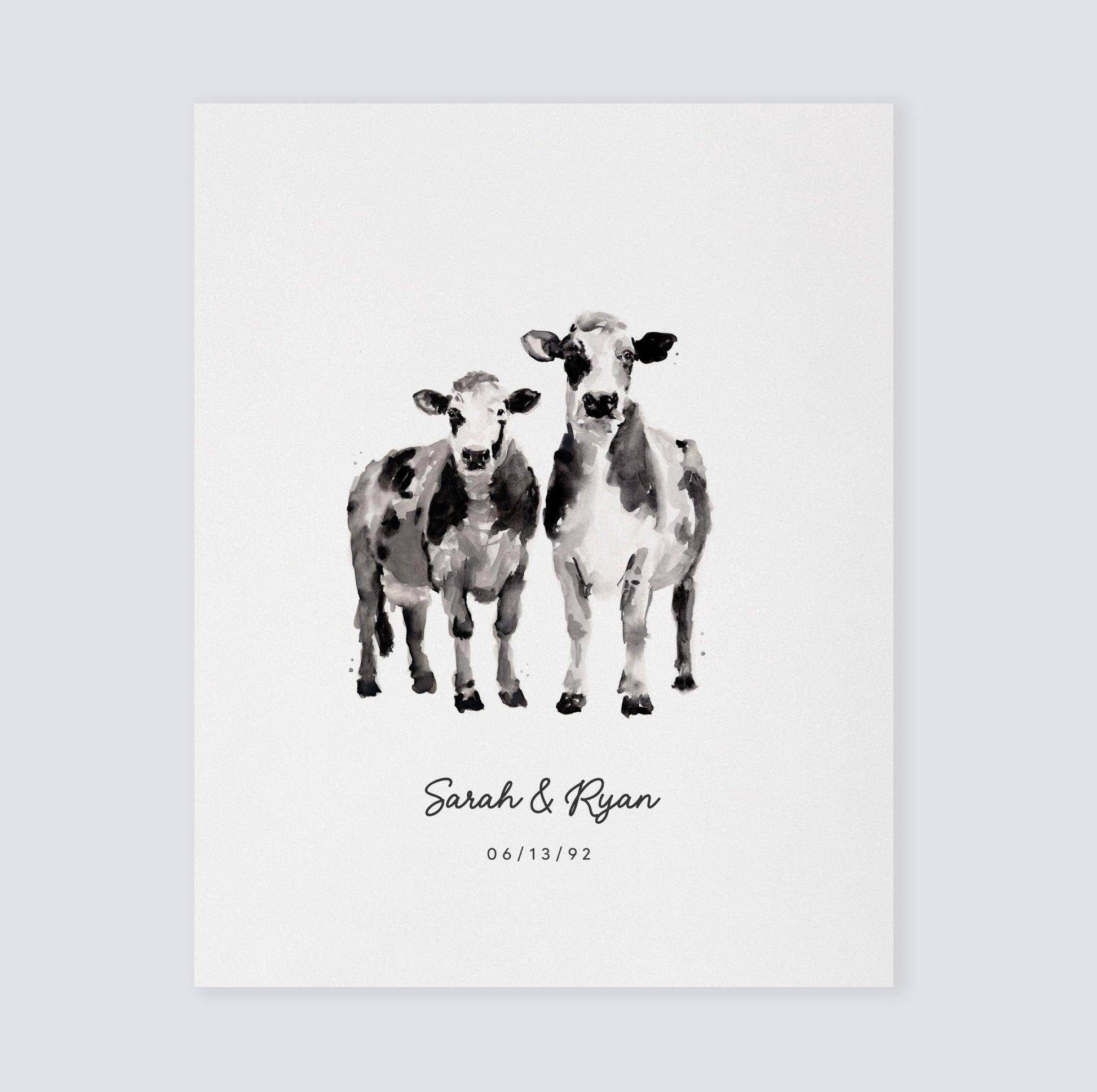 Cow Couple Personalized Watercolor Art Print - Art Prints - Moon Rock Prints