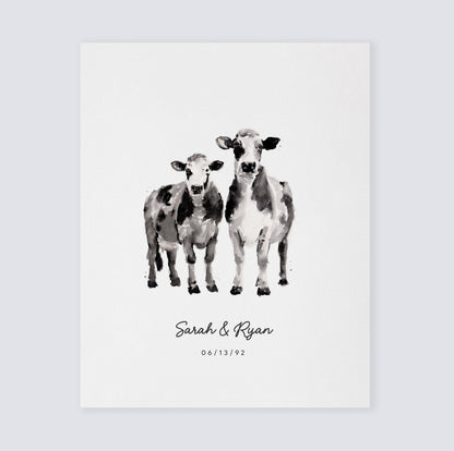 Cow Couple Personalized Watercolor Art Print - Art Prints - Moon Rock Prints