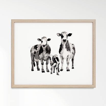 Cow Family of 3 Farm Animal Watercolor Art Print - Art Prints - Moon Rock Prints