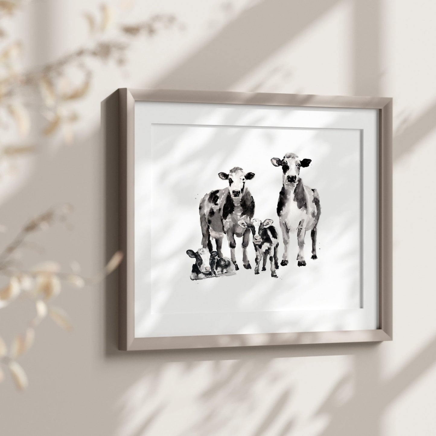 Cow Family of 4 Farm Animal Watercolor Art Print - Art Prints - Moon Rock Prints