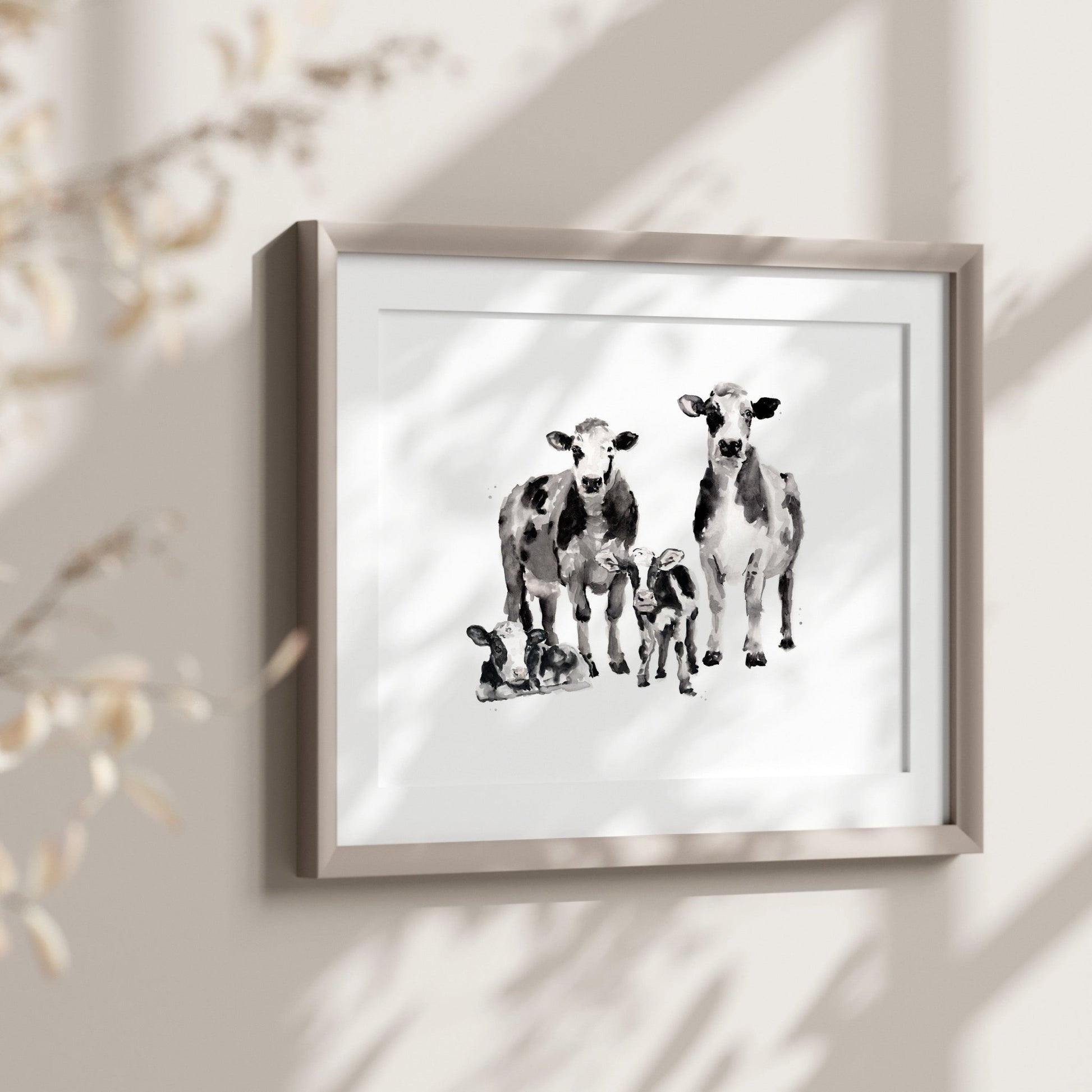 Cow Family of 4 Farm Animal Watercolor Art Print - Art Prints - Moon Rock Prints
