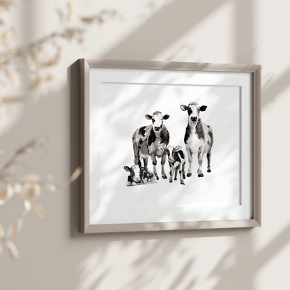 Cow Family of 4 Farm Animal Watercolor Art Print - Art Prints - Moon Rock Prints